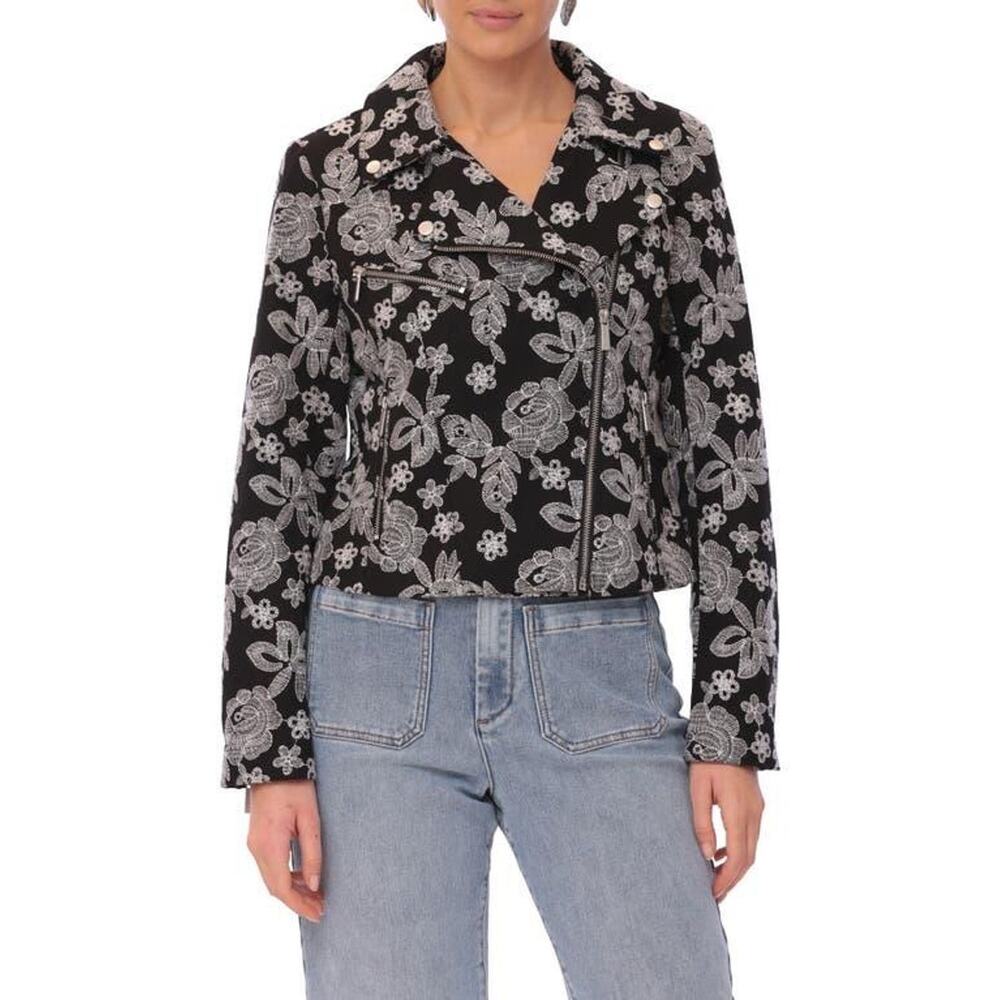 Bagatelle Floral Moto Jacket Cropped Biker Black White Zip Small